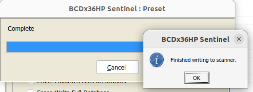 A dialog box titled BCDx36HP Sentinel with the text “Finished writing to the scanner”
