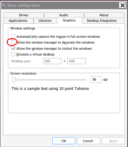 The winecfg dialog with the Graphics tab selected and ‘Allow the window manager to decorate the windows’ unchecked, but ‘Allow the window manager to control the windows’ checked