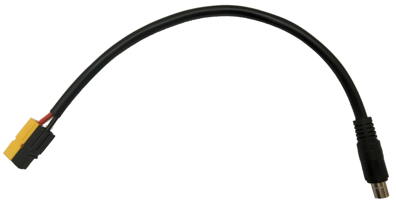 A short cable with a DC8020 connector on one end and two Anderson Powerpole connectors on the other. The black connector is connected to the black wire. A yellow connector is connected to the red wire